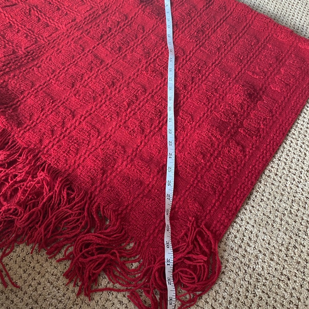 Knit Sweater Poncho Red Fringe Trim OS - Picture 6 of 6